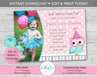 Owl Birthday Invitation PRINTABLE Editable Template with Photo - Girl 1st Birthday - Pink Turquoise / Teal (Instant Download File)