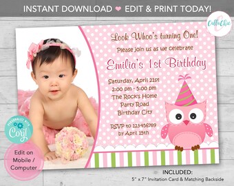 Owl 1st Birthday Invitation PRINTABLE INSTANT DOWNLOAD with Photo - Girl - Pink Green Polka Dot - Editable Template Invites - Print Today