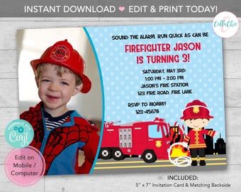 Firefighter Birthday Invitation INSTANT DOWNLOAD with Photo - Boy Fireman Party Invite Printable with Fire Truck - Editable Template