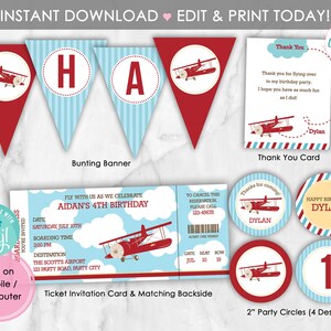 Vintage Airplane Birthday Party Decoration Printable INSTANT DOWNLOAD ...