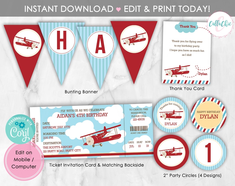 Vintage Airplane Birthday Party Decoration Printable INSTANT - Etsy