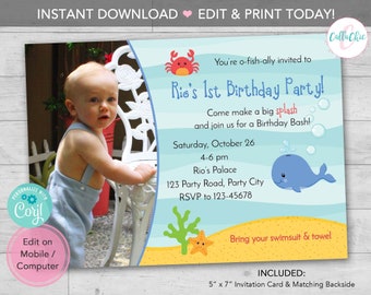 Under The Sea Birthday Invitation PRINTABLE with Photo diy invites - Boy 1st Birthday - Whale Fish Crab INSTANT DOWNLOAD - Editable Template