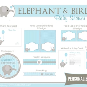 Elephant Baby Shower Party Package PRINTABLE Boy Balloon &amp; Bird blue ...