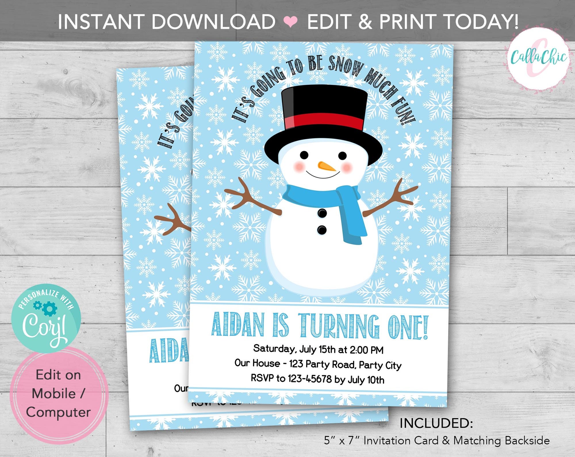 Snowman Invitation INSTANT DOWNLOAD PRINTABLE Blue Snowflake - Etsy Denmark