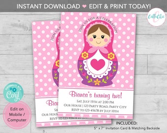 Russian Doll Invitation PRINTABLE Instant Download diy digital - Pink Polka Dot Birthday / Baby Shower Invites - Editable Template