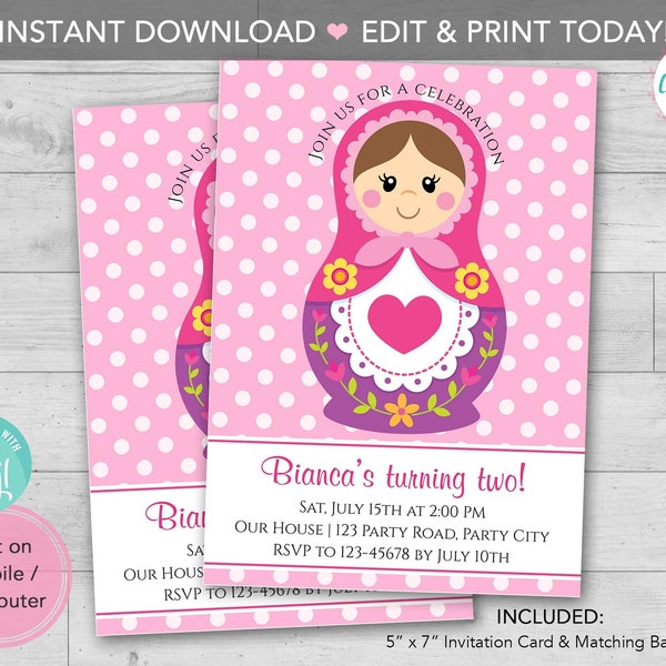 Russian Doll Invitation PRINTABLE Instant Download diy digital - Pink Polka Dot Birthday / Baby Shower Invites - Editable Template