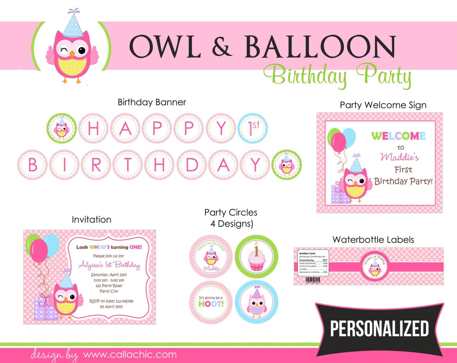 Owl Balloon Birthday Party Package Pink Printable Diy For Etsy
