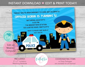 Police Birthday Invitation PRINTABLE Template - Boy Police Officer Birthday Party Invites Personalized Editable INSTANT DOWNLOAD Print Today