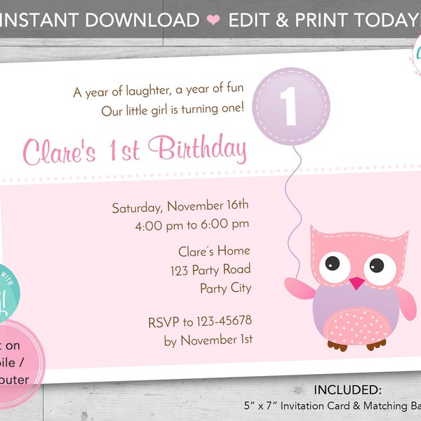 Owl Birthday Invitation INSTANT DOWNLOAD PRINTABLE - Girl 1st Birthday Invites - Simple Pink with Balloon - Editable Template diy