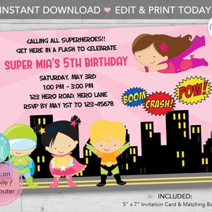 Superhero Girl Invitation EDITABLE INSTANT DOWNLOAD Printable Pink Superheroes Birthday / Baby Shower Invites Diy Print Today image 1