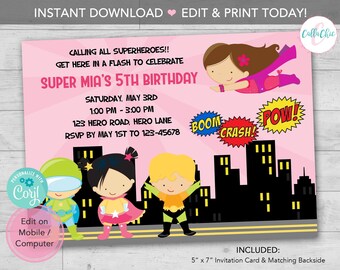 Superhero Girl Invitation EDITABLE INSTANT DOWNLOAD - Printable Pink Superheroes Birthday / Baby Shower Invites - Diy Print Today
