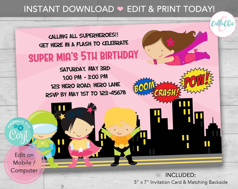 Superhero Girl Invitation EDITABLE INSTANT DOWNLOAD Printable Pink Superheroes Birthday / Baby Shower Invites Diy Print Today image 1