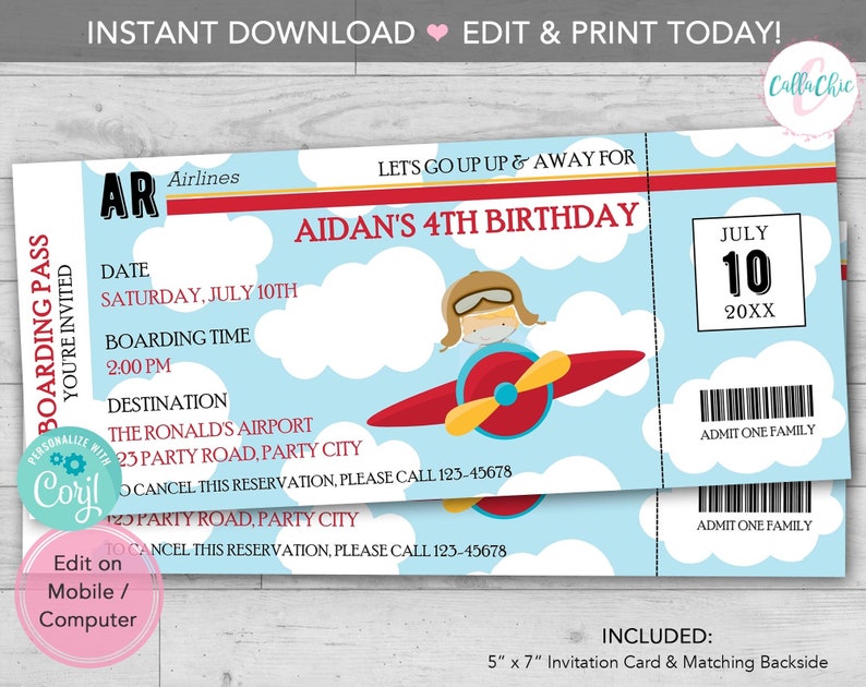 airplane ticket invitation printable boarding pass aeroplane etsy