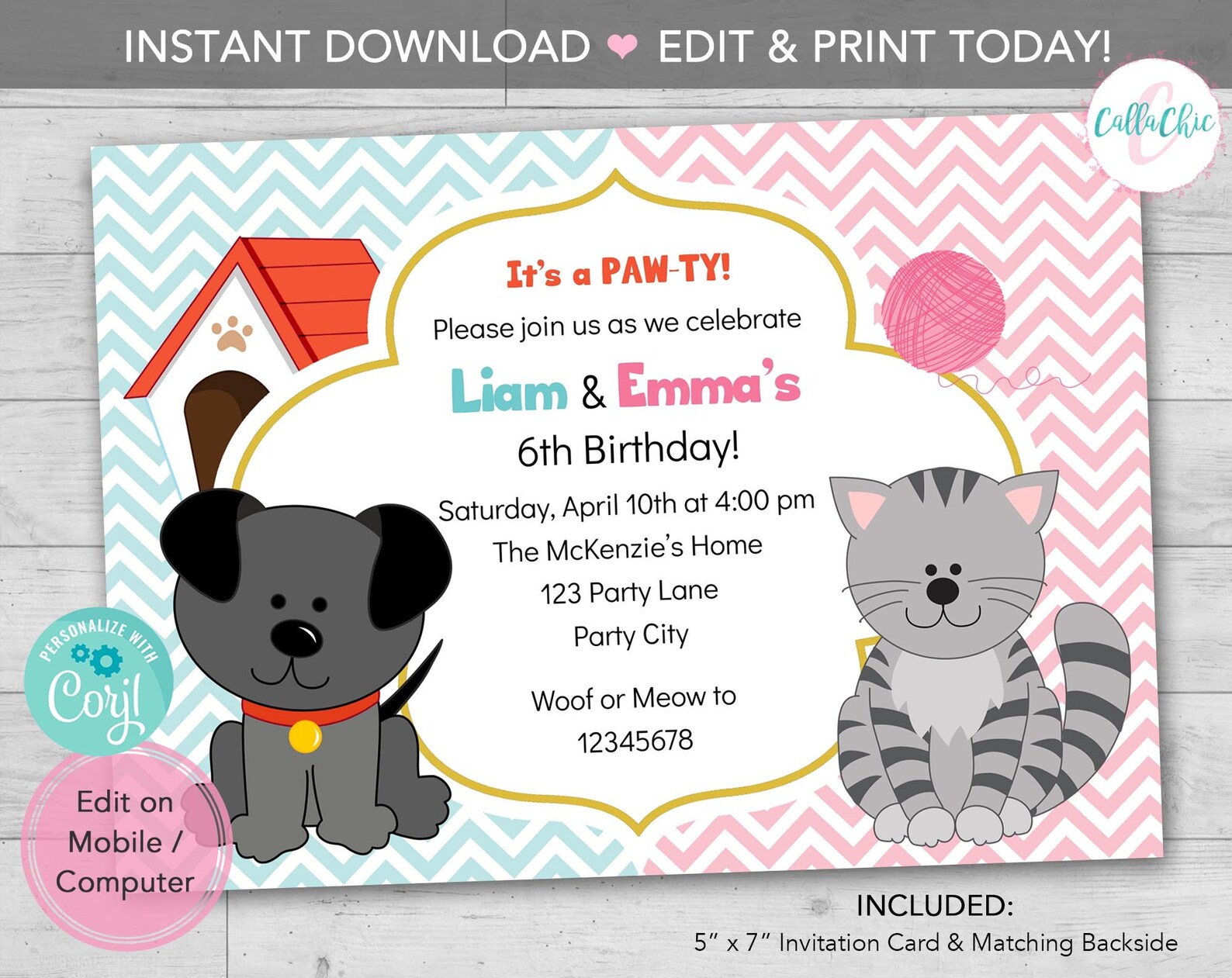 Puppy and Kitten Invitation PRINTABLE INSTANT DOWNLOAD Twin / Joint