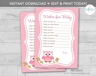 Owl Wishes for Baby Girl PRINTABLE (Pink Owl with Polka Dot Backround) 5x7 - INSTANT DOWNLOAD Print Today Baby Shower Games