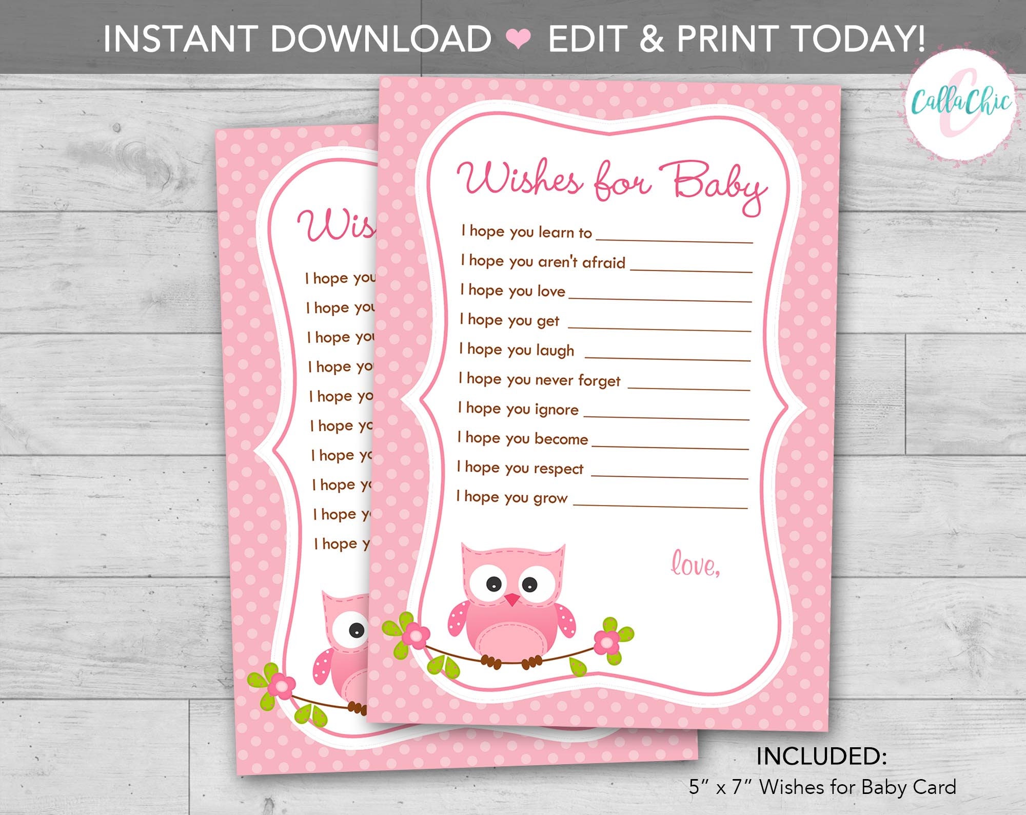 Owl Wishes for Baby Girl PRINTABLE pink Owl With Polka Dot | Etsy