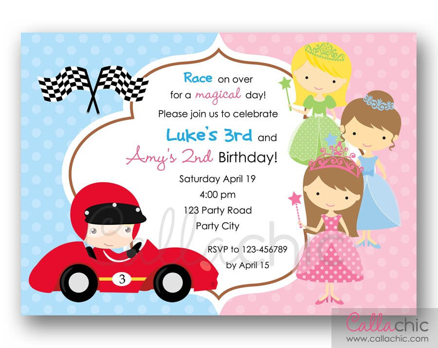 Princesses and Race Car Invitation PRINTABLE Twin / Joint / - Etsy