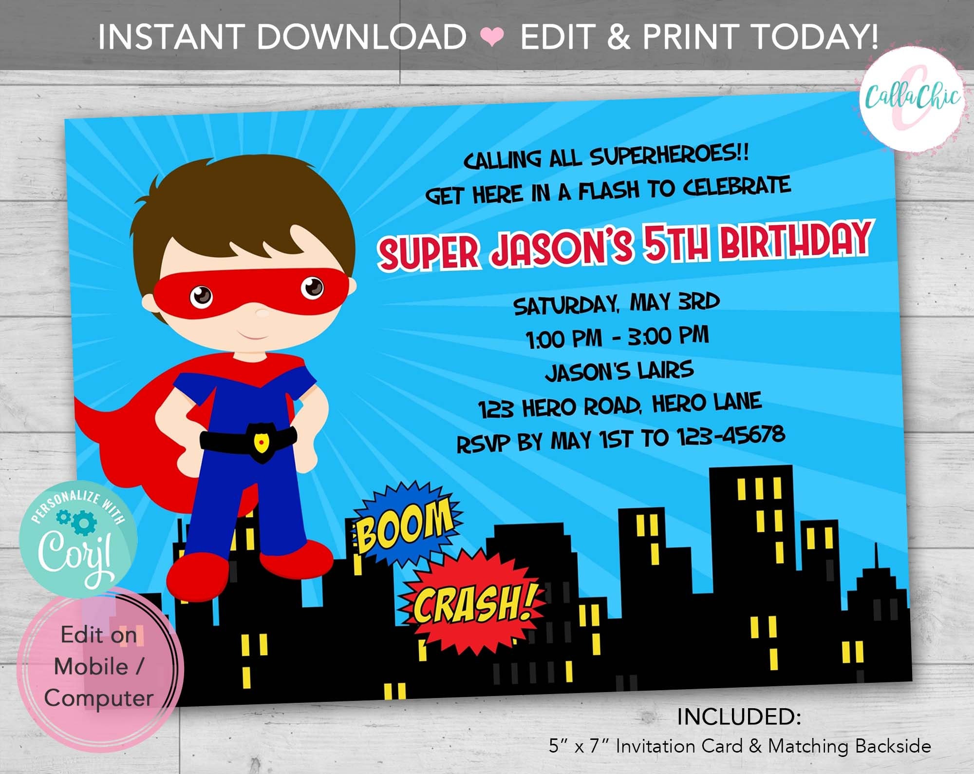 Superhero Birthday Invitation INSTANT DOWNLOAD Printable for Etsy