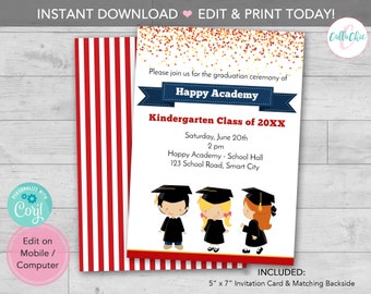 Graduation Invitation Instant Download PRINTABLE - Preschool / Kindergarten / Primary School / College - Cute Boy/Girl Invite Template