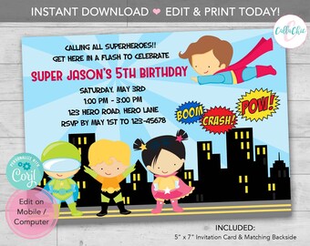 Superhero Invitation INSTANT DOWNLOAD PRINTABLE - Boy Superheroes Birthday Party Invites (Pastel Blue Sunburst) Editable Template diy