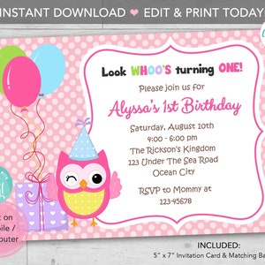 Owl 1st Birthday Invitation PRINTABLE Editable Template Girl Party ...