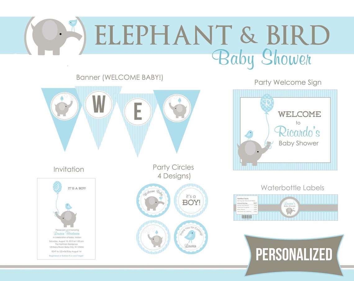 Elephant Baby Shower Party Package PRINTABLE Boy Balloon &amp; - Etsy