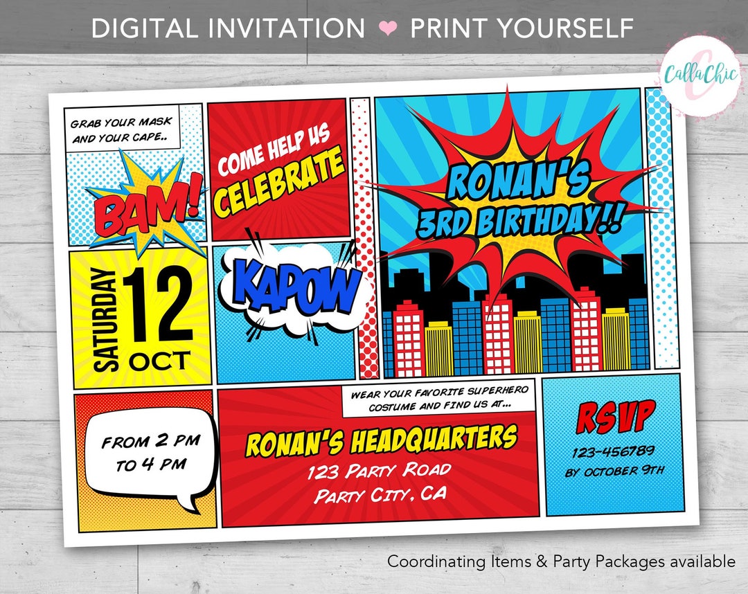 Superhero Birthday Invitation PRINTABLE - Boy Superheroes - Comic Style ...