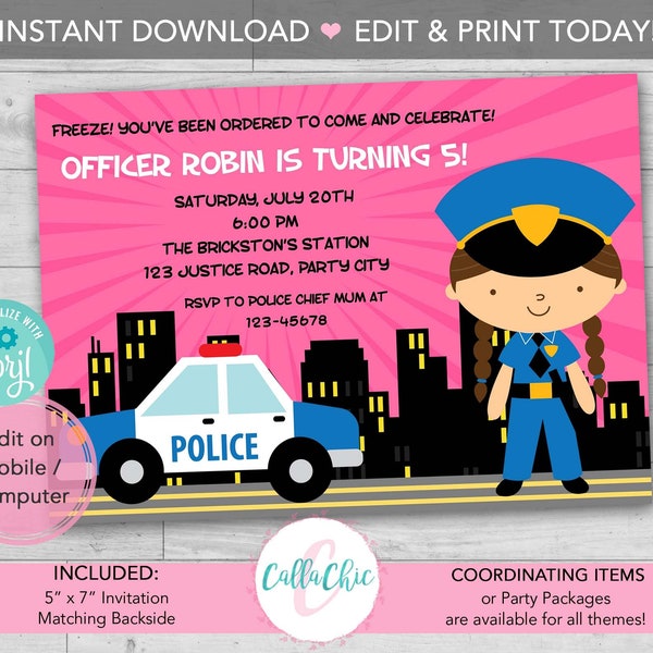 Police Invitation PRINTABLE Editable Template - Girl Police Officer Birthday Party Invite Pink Personalized Police Car (INSTANT DOWNLOAD)