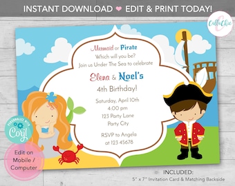 Mermaid and Pirate Birthday Invitation INSTANT DOWNLOAD PRINTABLE - Twin / Joint / Split Party - Boy Girl - Editable Template Diy Corjl