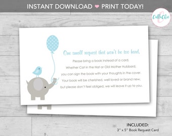 Baby Shower Book Request PRINTABLE Invitation Insert (Elephant with Balloon and Bird in Blue and Gray - Elegant) 3x5 - Instant Download