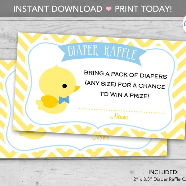 Rubber Duck Diaper Raffle Ticket PRINTABLE - Cute Duck Baby Shower (Boy) - INSTANT DOWNLOAD - Yellow Chevron - Diy Print Today