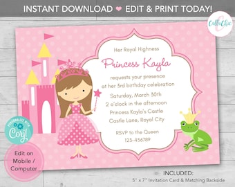 Princess Invitation INSTANT DOWNLOAD PRINTABLE (Pink with Frog Prince) - Princess Birthday Invite for Girls - Diy Editable Template Corjl