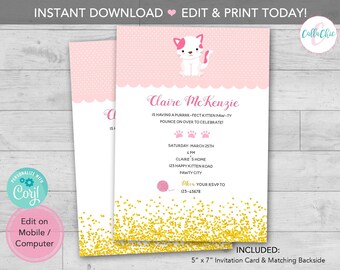 Kitten Birthday Invitation PRINTABLE INSTANT DOWNLOAD (Kitty Cat Party Invites in Pink Gold) - Editable Template diy