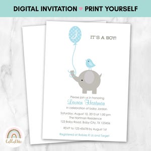 Invito per baby shower con elefante STAMPABILE per ragazzo - Elegante in blu pastello con palloncino a forma di uccello - Stampa fai da te Download di file digitali
