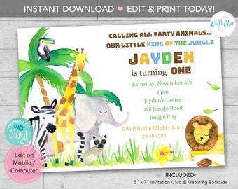 Watercolor Jungle Animals Invitation INSTANT DOWNLOAD PRINTABLE - Boys 1st Birthday Party / Baby Shower Invite - Diy Editable Template