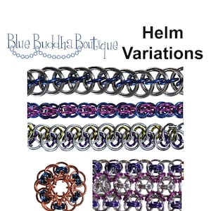 May include: Helm chainmail variations in silver, blue, purple, and gold. The chainmail is shown in different patterns, including a circular pattern.