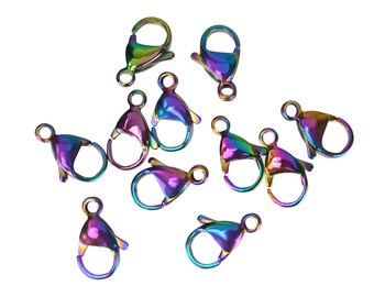 15mm Stainless Steel Rainbow Lobster Claw Clasp - electroplated titanium - 1 piece or 5 pack