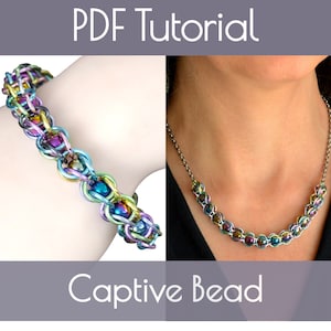 May include: A PDF tutorial for making a bracelet and necklace with captive beads. The jewelry is made with a colorful metal chain with iridescent beads.