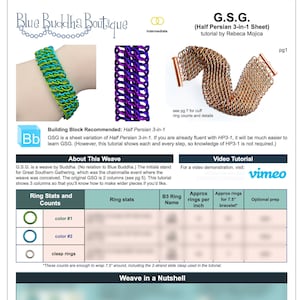 May include: A tutorial sheet for a jewelry making project called "G.S.G. (Half Persian 3-in-1)" by Rebeca Mojica. The sheet includes a diagram of the weave, a table with ring counts, and a section titled "Weave in a Nutshell".