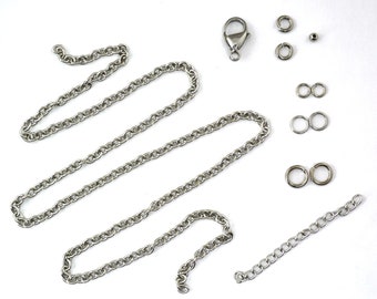 All-in-1 Chain Pack: 20" Stainless Steel Chain, 2" Extender, Lobster Claw and Finishing Rings For Jewelry Pendants