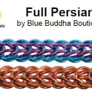 May include: Full Persian chainmaille pattern instructions by Blue Buddha Boutique. The pattern is labelled as intermediate difficulty. The image shows two examples of the pattern, one in blue and purple wire and the other in copper wire.