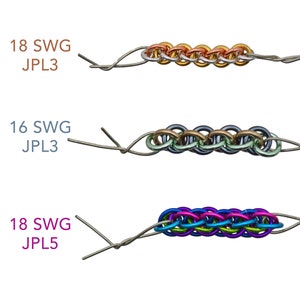 May include: Three different chainmail samples made with different gauge wire and jump rings. The top sample is 18 gauge wire with 3 jump rings, the middle sample is 16 gauge wire with 3 jump rings, and the bottom sample is 18 gauge wire with 5 jump rings.