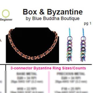 Può includere: Un braccialetto a catena box arcobaleno colorato e una collana a catena bizantina in rame con orecchini abbinati. L'immagine include istruzioni per la realizzazione di entrambe le catene, intitolate "Box & Byzantine" di Blue Buddha Boutique.