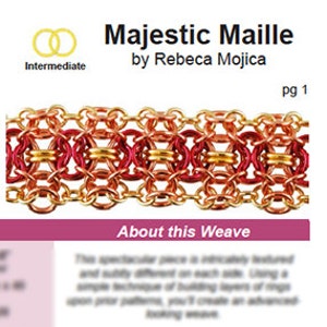 Op de afbeelding: Een diagram dat de stappen laat zien voor het maken van een Majestic Maille kettingarmband. Het diagram toont de verschillende stadia van het weven, inclusief de afwerkingsstappen. Het diagram is gelabeld met de tekst "Weave Diagrams" en bevat de tekst "Side One" en "Side Two".