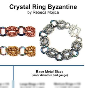 Puede incluir: Un tutorial para hacer un brazalete bizantino de anillo de cristal utilizando una técnica llamada unidad de Möbius. El tutorial incluye instrucciones para ajustar la longitud del brazalete y sustituir los cristales por anillos.