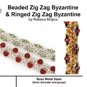 Puede incluir: Tres pulseras de cadena de cuentas en diferentes colores y estilos. Las pulseras están hechas con cuentas pequeñas y anillos de metal. Las pulseras se llaman Beaded Zig Zag Byzantine & Ringed Zig Zag Byzantine. El texto "Blue Buddha Boutique" está en la parte superior de la imagen.
