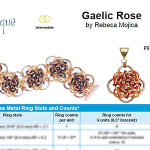 Puede incluir: Patrón de joyería Gaelic Rose de Rebeca Mojica. Este patrón utiliza anillos de salto para crear un diseño de nudo celta. El patrón incluye instrucciones para crear un brazalete y una sola unidad. El patrón está clasificado como de dificultad intermedia.