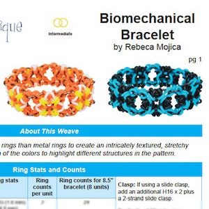 Pode incluir: Um diagrama colorido que mostra como fazer um bracelete biomecánico usando elásticos e anéis de metal. O diagrama inclui instruções e ilustrações para cada passo do processo. O texto da imagem diz "Biomechanical Bracelet by Rebeca Mojica pg 1".