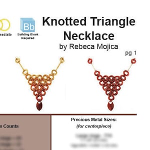 Op de afbeelding: Een diagram dat laat zien hoe je een geknoopte driehoekketting maakt met behulp van de technieken "Bloemenarmband" en "Voorwaarts en achterwaarts Mobiusing". Het diagram toont drie verschillende kleurvariaties van de ketting: blauw, oranje en rood. De tekst "Knotted Triangle Necklace by Rebeca Mojica pg 1" staat bovenaan het diagram.