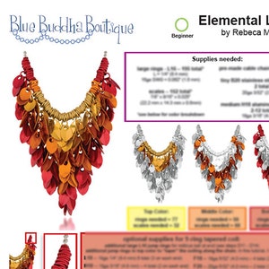 May include: A colorful necklace made with aluminum scales and jump rings. The necklace is red, orange, and gold. The image includes instructions for making the necklace, which is labeled "Elemental Leaves".